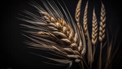 Ripe ears of wheat close-up on a dark background. bread industry. Generated AI