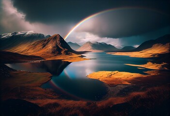 a rainbow is in the sky over a mountain range and a lake with a rainbow in the middle of it. Generative AI
