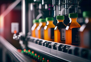 Conveyor belt or line in beverage plant with modern automated industrial machine equipment. Plastic PET bottles with fresh organic juice in factory interior. Generative AI