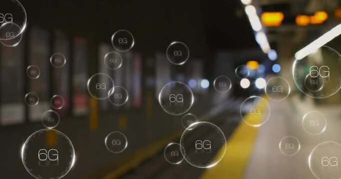Animation of 6g text in bubbles over train arriving at subway station