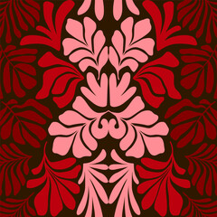 Red pink abstract background with tropical palm leaves in Matisse style. Vector seamless pattern with Scandinavian cut out elements.