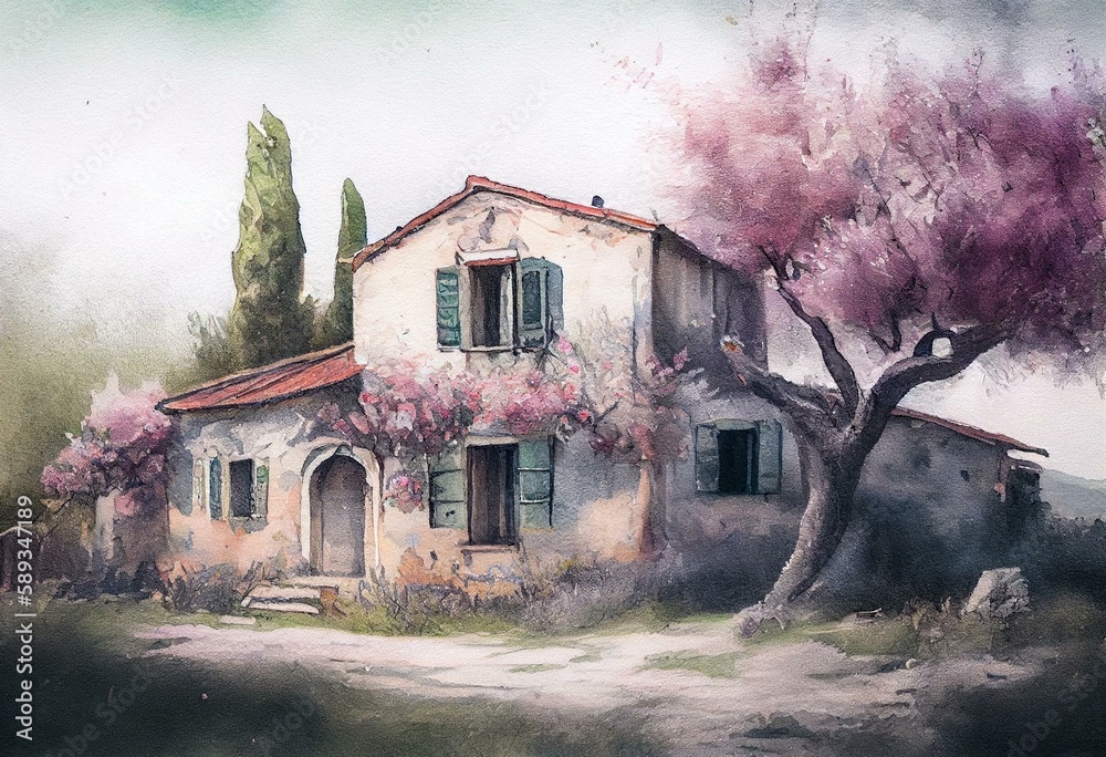 Wall mural watercolor toscana italy or provence france. old house in spring blooming garden, blossoming apple t