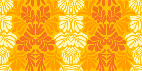 Yellow orange abstract background with tropical palm leaves in Matisse style. Vector seamless pattern with Scandinavian cut out elements.