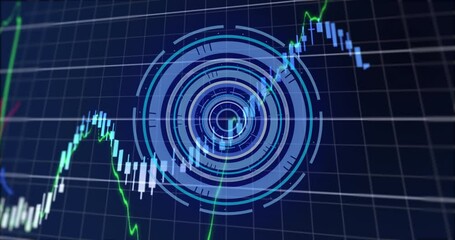 Animation of neon round scanner spinning over financial data processing against blue background - Powered by Adobe