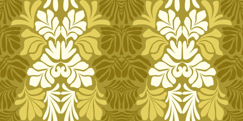 Khaki yellow abstract background with tropical palm leaves in Matisse style. Vector seamless pattern with Scandinavian cut out elements.