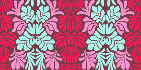 Pink blue abstract background with tropical palm leaves in Matisse style. Vector seamless pattern with Scandinavian cut out elements.