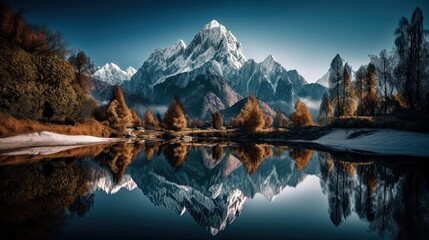 A Scenic Profusion of Nature: Snow-capped Mountain with Reflection in a Serene Lake: Generative AI