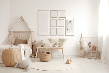 Cozy and Minimalist Room for Children: Blank White Wall Decorated with Horizontal Art Frame and Rattan Furniture: Generative AI