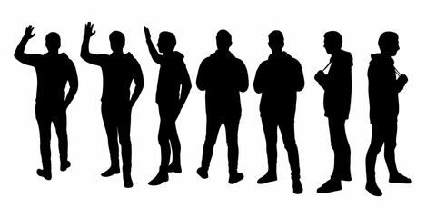 vector set of silhouettes of men standing in several different side slides and gestures  