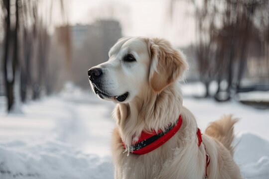 Cute Golden Retriever and Friends Enjoy a Winter Day Out in the Park: Generative AI