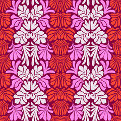 Fototapeta premium Red pink abstract background with tropical palm leaves in Matisse style. Vector seamless pattern with Scandinavian cut out elements.