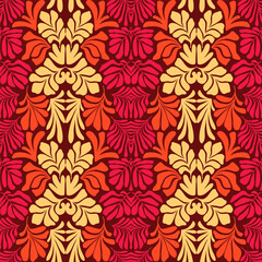 Red yellow abstract background with tropical palm leaves in Matisse style. Vector seamless pattern with Scandinavian cut out elements.