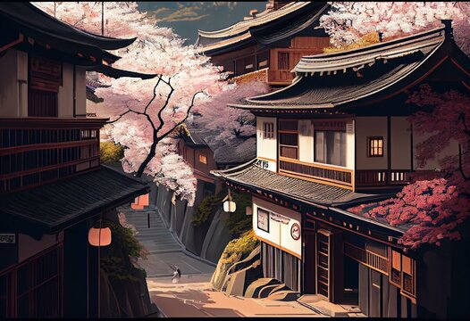 Peaceful Digital Illustration Of A Traditional Japanese Street. Blossoming White Cherry Trees, Traditional Japanese-style Buildings, With Distinctive Curved Roofs And Sliding Doors. Generative Ai