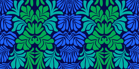 Blue green gradient abstract background with tropical palm leaves in Matisse style. Vector seamless pattern with Scandinavian cut out elements.