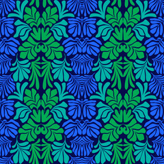 Fototapeta na wymiar Blue green gradient abstract background with tropical palm leaves in Matisse style. Vector seamless pattern with Scandinavian cut out elements.