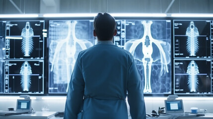 Rear view of female doctor looking at x-ray image in hospital, Generative Ai