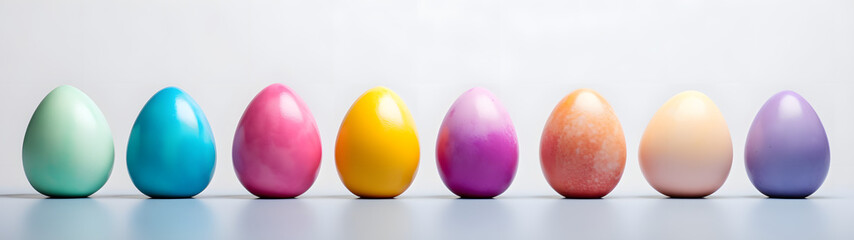 Row of colorful or dyed easter eggs, hand painted