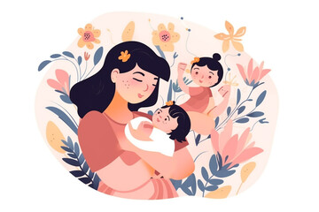Mother with newborn baby and flowers. illustration in flat cartoon style. mothers day design ,Generative Ai