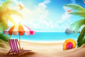 Fototapeta na wymiar Beach chair and umbrella on the sand with palm tree background, Generative Ai