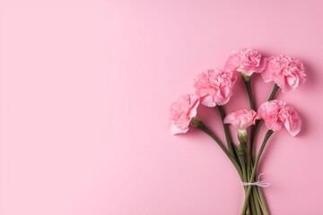 Obraz na płótnie Canvas Bouquet of pink carnation flowers on pink background with copy space, mothers day background, Generative Ai