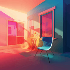 Backlit House: A Color Field Illustration with a Window and Chairs