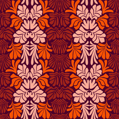Fototapeta na wymiar Red orange abstract background with tropical palm leaves in Matisse style. Vector seamless pattern with Scandinavian cut out elements.