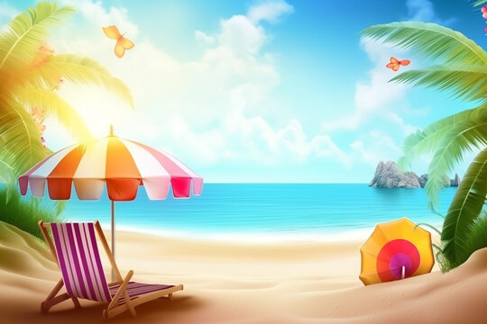 Beach chair and umbrella on the sand with palm tree background, Generative Ai