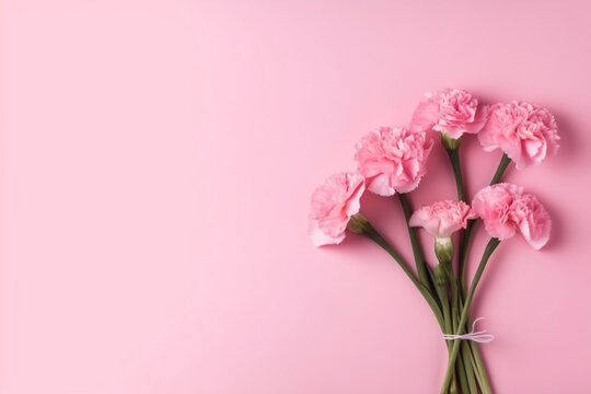 Bouquet of pink carnation flowers on pink background with copy space, mothers day background, Generative Ai