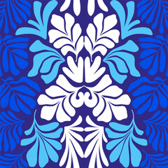 Blue white abstract background with tropical palm leaves in Matisse style. Vector seamless pattern with Scandinavian cut out elements.
