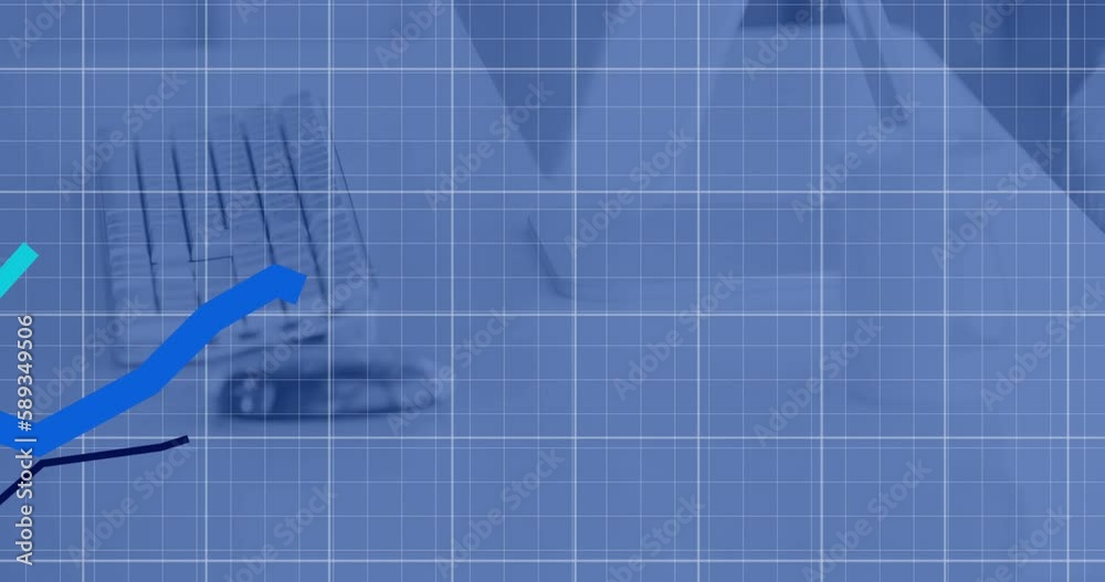 Poster animation of graphs over grid pattern against keyboard and computer on desk in office