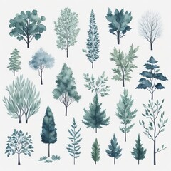 set of many different trees and plants in watercolor artstyle. Generative AI