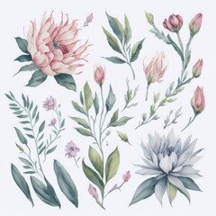 set of many different plants and flowers in watercolor artstyle. Generative AI