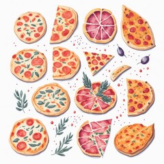 set of many different pizzas in watercolor artstyle. Generative AI