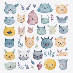 set of many different animal heads and faces in watercolor artstyle. Generative AI