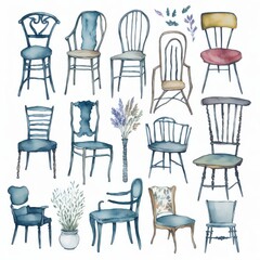 set of many different chairs in watercolor artstyle. Generative AI