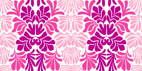 Fototapeta premium Purple pink abstract background with tropical palm leaves in Matisse style. Vector seamless pattern with Scandinavian cut out elements.