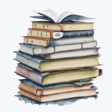 stack of books in watercolor artstyle. Generative AI
