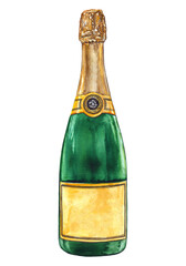 Watercolor champagne glass bottle elite alcohol isolated art - 589349797