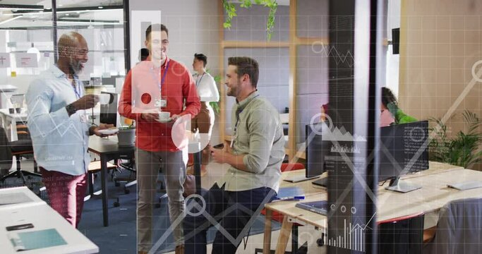 Animation of icons, graphs, map and computer language over diverse coworkers talking on tea break