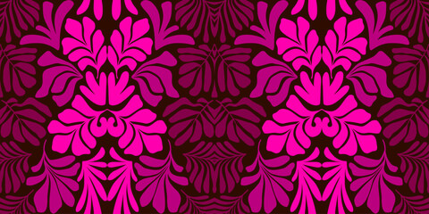 Pink abstract background with tropical palm leaves in Matisse style. Vector seamless pattern with Scandinavian cut out elements.