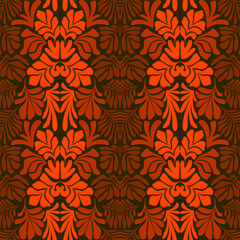 Orange red gradient abstract background with tropical palm leaves in Matisse style. Vector seamless pattern with Scandinavian cut out elements.