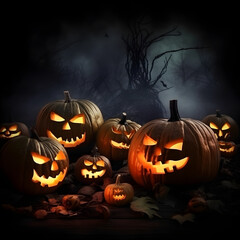 Spooky jack-o-lanterns in the misty forest, halloween concept art