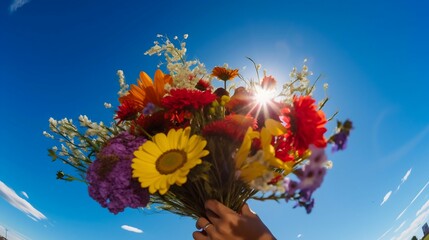 Hands holding a vibrant bouquet of wildflowers on a bright blue sky background. Generative AI