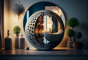 Reflection in a spherical mirror over a vessel sink in a modern bathroom. Generative AI