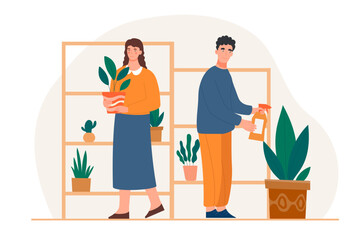 People take care of plants. Man and woman watering potted flowers. Gardening and caring for nature and ecology. Elements of decor and interior. Botany and hobby. Cartoon flat vector illustration