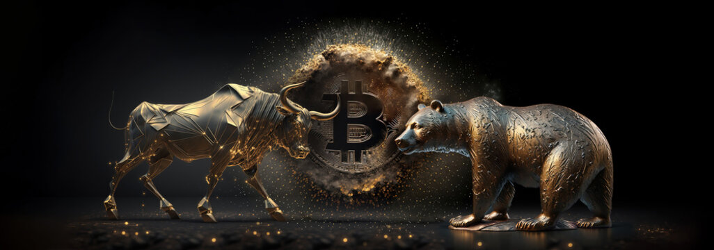 bull financial bitcoin or crypto market concept in gold and black color with copyspace area