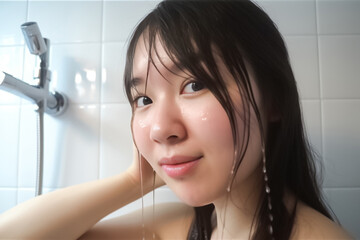 Asian Woman Takes a bath in Showerroom. generative AI
