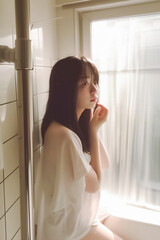 Fototapeta na wymiar Asian Woman Takes a bath in Showerroom. generative AI