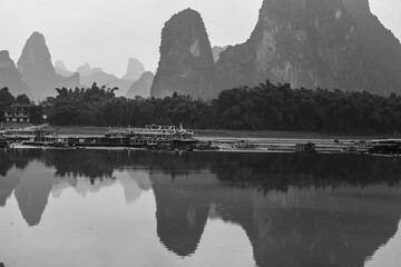 Boats on the Li River in Xingping, Guangxi Zhuang, China.