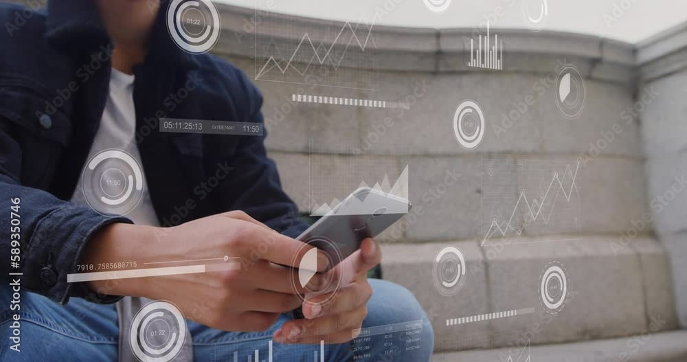 Poster animation of multiple graphs and loading bars over low angle view of biracial man using cellphone